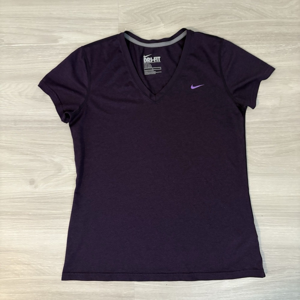 Nike Dri-Fit Womens Shirt V-Neck Short Sleeve Training Purple Size Large